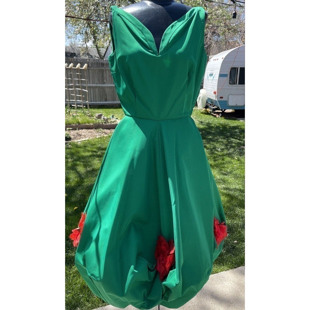 Vtg 50s Bubble Hem Cupcake Cocktail Dress Emerald Red Rose Accents Size 0 2 Prom